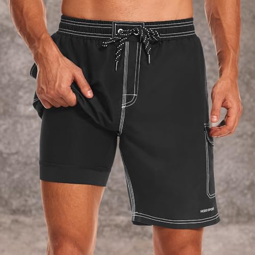 HODOSPORTS Mens Swim Trunks with Compression Liner 9 inch Bathing Suit Quick-Dry Swim Shorts Cargo Pockets S-4XL Black L