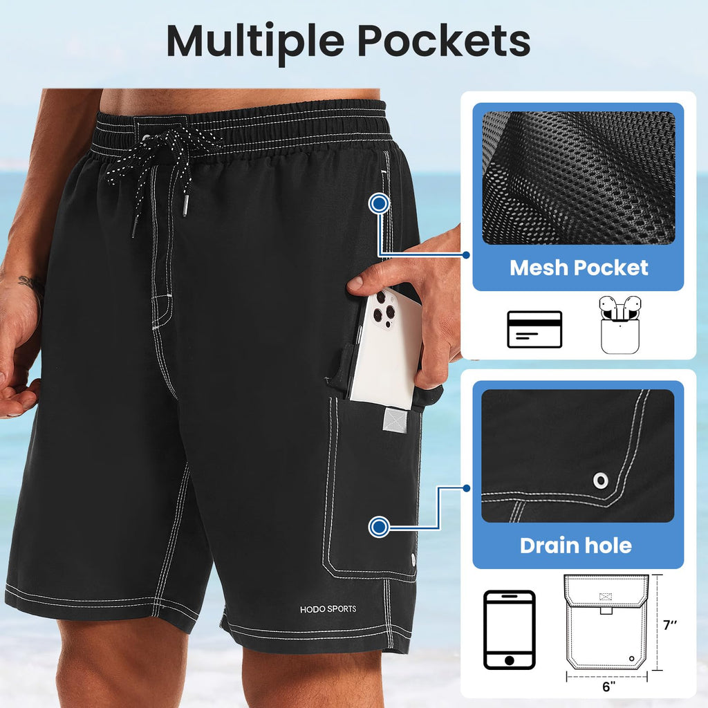 HODOSPORTS Mens Swim Trunks with Compression Liner 9 inch Bathing Suit Quick-Dry Swim Shorts Cargo Pockets S-4XL Black L