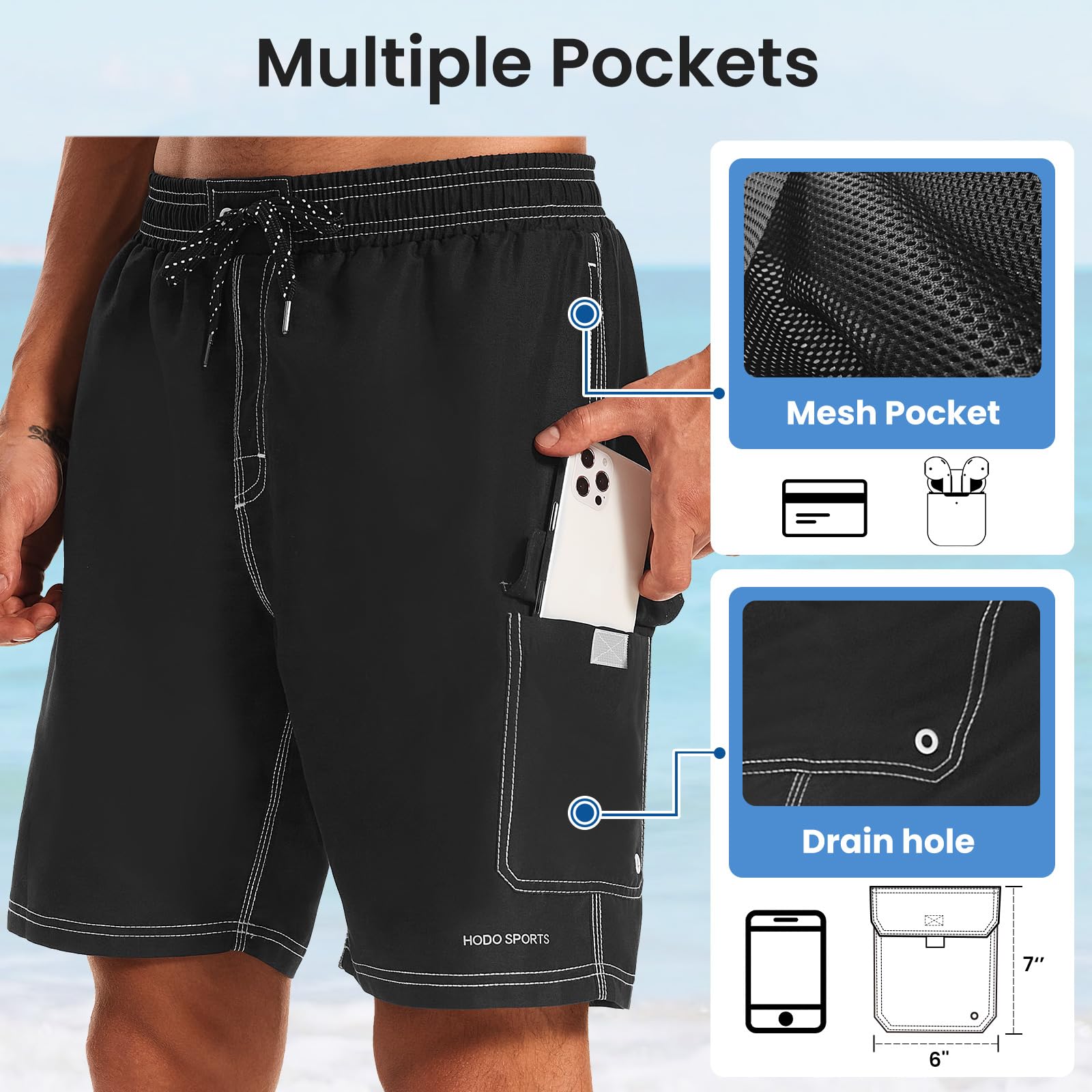 HODOSPORTS Mens Swim Trunks with Compression Liner 9 inch Bathing Suit Quick-Dry Swim Shorts Cargo Pockets S-4XL Black L