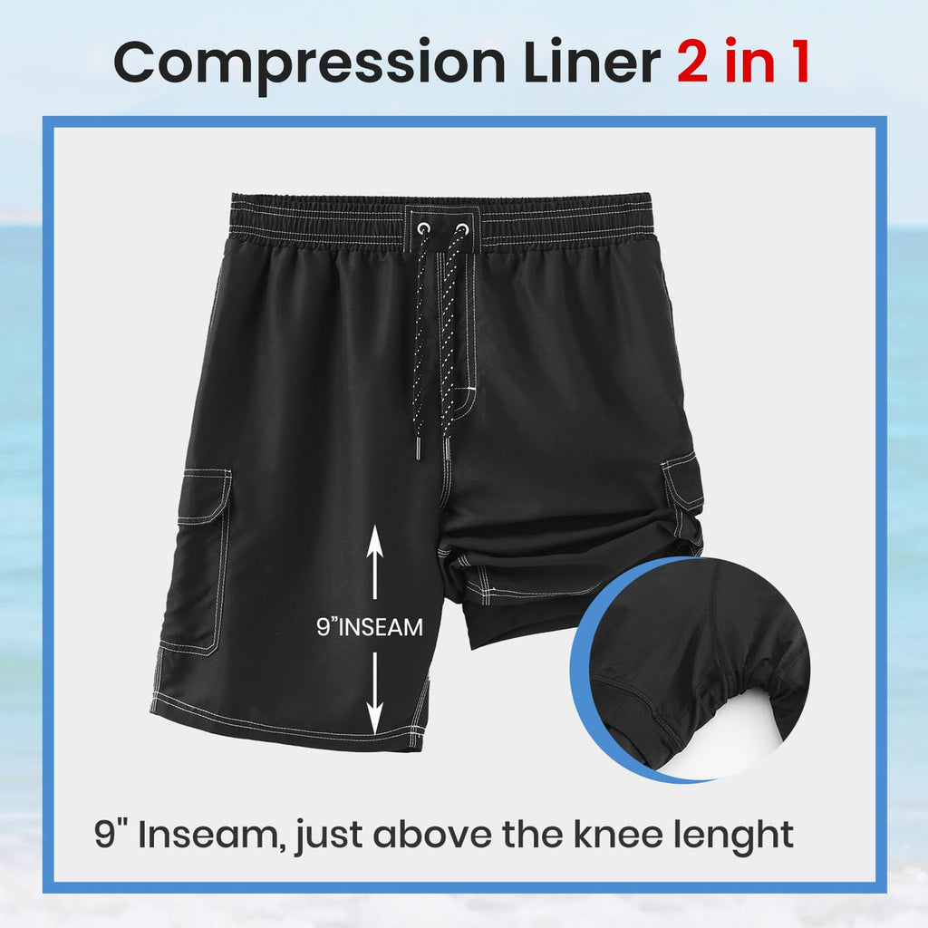 HODOSPORTS Mens Swim Trunks with Compression Liner 9 inch Bathing Suit Quick-Dry Swim Shorts Cargo Pockets S-4XL Black L
